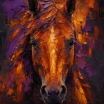 Copper and plum abstract horse artwork featuring a bold equine face with layered geometric painterly forms and modern gallery style