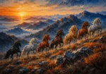 Burnt orange and navy painting of seven running horses ascending through highland terrain with mountains and sunrise light