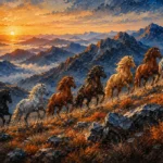 Burnt orange and navy painting of seven running horses ascending through highland terrain with mountains and sunrise light