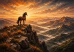 Clay and moss wild horse wall art featuring a lone horse on a mountain cliff with sunrise landscape and earthy tones
