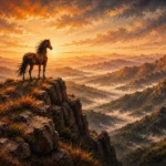 Clay and moss wild horse wall art featuring a lone horse on a mountain cliff with sunrise landscape and earthy tones