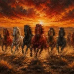 Rust red running horses wall art featuring a herd charging across a prairie with sunset tones and dramatic movement