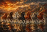 Rust red running horses wall art featuring horses racing through reflective water with amber highlights and dynamic movement