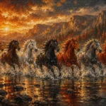 Rust red running horses wall art featuring horses racing through reflective water with amber highlights and dynamic movement