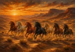 Rust red running horses wall art featuring wild horses galloping across desert dunes with amber sands and charcoal tones