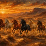 Rust red running horses wall art featuring wild horses galloping across desert dunes with amber sands and charcoal tones