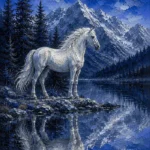 Silver and cobalt white horse artwork featuring a graceful horse beside an alpine lake with mountain reflections