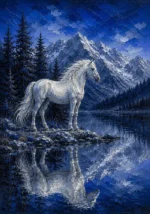 Silver and cobalt white horse artwork featuring a graceful horse beside an alpine lake with mountain reflections