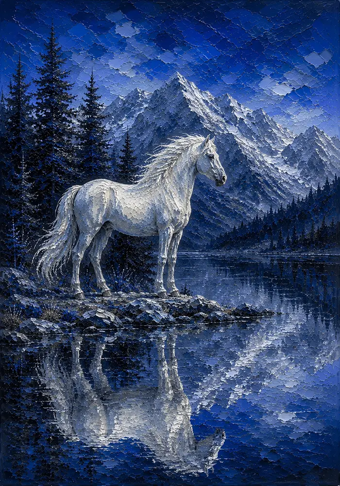 Frozen Majesty White Horse Artwork Silver & Cobalt Art Print