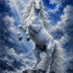 Silver and cobalt white horse artwork featuring a rearing stallion against dramatic clouds with luminous blue tones