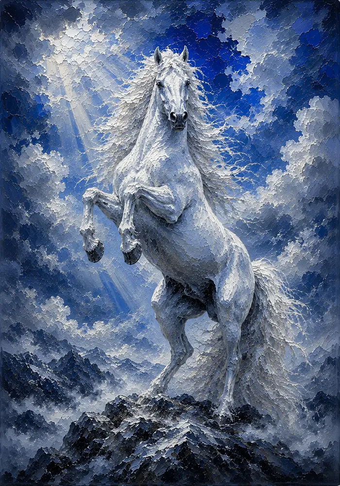 Azure Spirit White Horse Artwork Silver & Cobalt Art Print