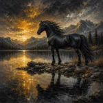 Charcoal and gold black horse artwork featuring a graceful horse beside a reflective lake with sunset highlights