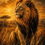 Amber and noir lion wall art print featuring a close-up lion portrait with golden mane details for elegant interiors
