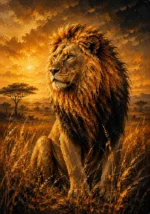 Amber and noir lion wall art print featuring a close-up lion portrait with golden mane details for elegant interiors