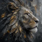 Charcoal and gold lion head artwork print featuring a stone-inspired lion portrait with mineral textures for elegant interiors