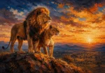 Burnt orange and navy lion and lioness wall art print featuring a regal pair on a savanna ridge for elegant interiors