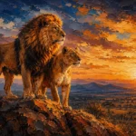 Burnt orange and navy lion and lioness wall art print featuring a regal pair on a savanna ridge for elegant interiors