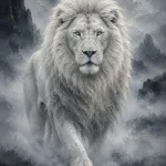 Graphite museum white lion artwork print featuring a mist-covered lion portrait with silver-white mane for elegant interiors