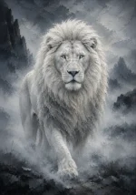 Graphite museum white lion artwork print featuring a mist-covered lion portrait with silver-white mane for elegant interiors