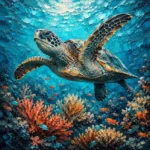 Turquoise and coral sea creature prints featuring a sea turtle swimming above a colorful coral reef with tropical ocean details for elegant interiors