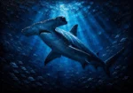 Prussian night hammerhead shark painting featuring a shark silhouette in deep blue ocean waters with dramatic light rays