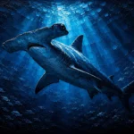 Prussian night hammerhead shark painting featuring a shark silhouette in deep blue ocean waters with dramatic light rays