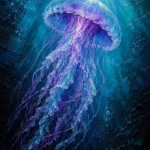 Glacier and plum jelly fish wall art featuring a translucent jellyfish with flowing tentacles and luminous blue ocean tones for elegant interiors