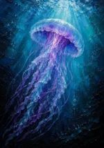 Glacier and plum jelly fish wall art featuring a translucent jellyfish with flowing tentacles and luminous blue ocean tones for elegant interiors