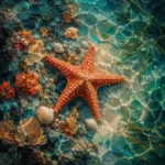 Salmon and teal star fish wall art print featuring a detailed starfish on a coral reef with seashells and tropical underwater textures