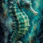 Sea glass modern sea horse wall art print featuring a detailed seahorse side profile with aqua highlights and abstract ocean textures