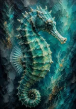 Sea glass modern sea horse wall art print featuring a detailed seahorse side profile with aqua highlights and abstract ocean textures