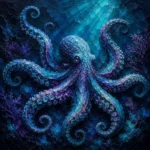 Deep peacock and plum octopus paintings on canvas featuring a detailed octopus with flowing tentacles and coral underwater elements