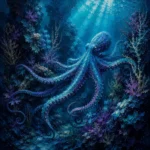 Deep peacock and plum octopus paintings on canvas featuring an octopus weaving through coral pillars with luminous underwater details