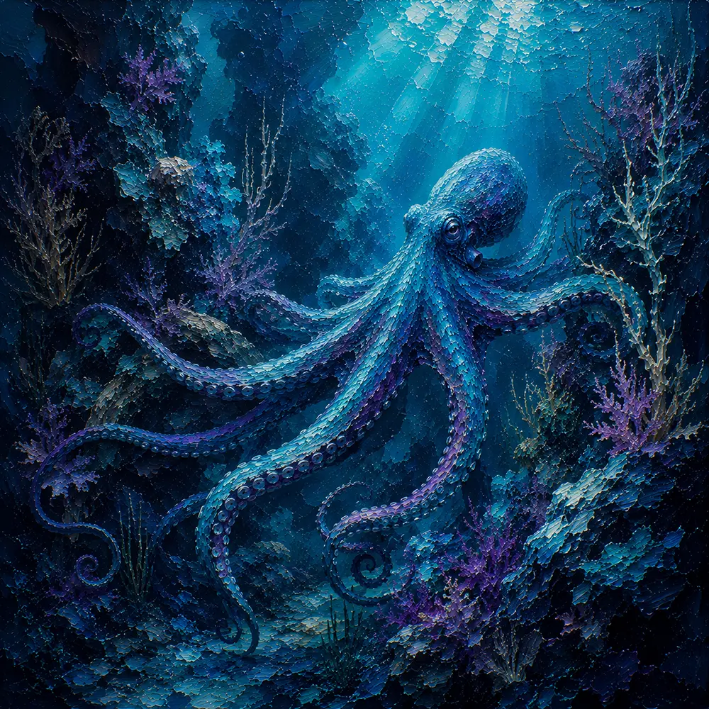 Coral Phantom Octopus Paintings On Canvas Deep Peacock & Plum Art Print