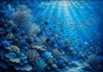 Ice blue sea life wall art print featuring tropical fish swimming around coral gardens and sea fans in a panoramic reef scene
