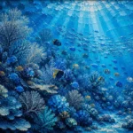 Ice blue sea life wall art print featuring tropical fish swimming around coral gardens and sea fans in a panoramic reef scene