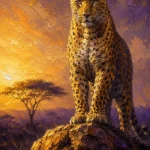 Mustard and plum leopard wall art print featuring a leopard portrait on sandstone with golden fur tones and wilderness atmosphere