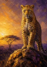 Mustard and plum leopard wall art print featuring a leopard portrait on sandstone with golden fur tones and wilderness atmosphere