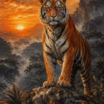 Terracotta editorial tiger wall art print featuring a majestic tiger in a misty jungle landscape with warm orange tones