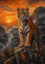 Terracotta editorial tiger wall art print featuring a majestic tiger in a misty jungle landscape with warm orange tones