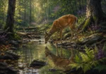 Forest and plum deer wall art print featuring a graceful deer beside a woodland stream surrounded by lush greenery and serene woodland scenery