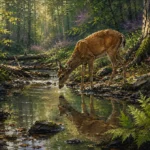Forest and plum deer wall art print featuring a graceful deer beside a woodland stream surrounded by lush greenery and serene woodland scenery