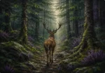 Forest and plum deer wall art print featuring a majestic stag walking through an ancient woodland beneath towering evergreen trees