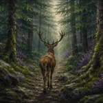 Forest and plum deer wall art print featuring a majestic stag walking through an ancient woodland beneath towering evergreen trees