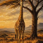 Honey bronze giraffe wall art print featuring a majestic giraffe beneath an acacia tree in a warm sunlit savanna