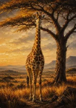 Honey bronze giraffe wall art print featuring a majestic giraffe beneath an acacia tree in a warm sunlit savanna