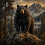 Espresso Gallery black bear wall art print featuring a majestic bear on a granite outcrop in a misty forest for elegant interiors