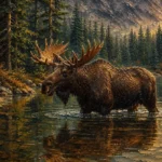 Tobacco and Emerald moose wall art print featuring a solitary moose wading through a forest lake for elegant interiors