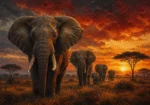 Rust Red Gallery safari wall art print featuring an African elephant procession across a glowing savanna at sunset for elegant interiors