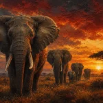 Rust Red Gallery safari wall art print featuring an African elephant procession across a glowing savanna at sunset for elegant interiors